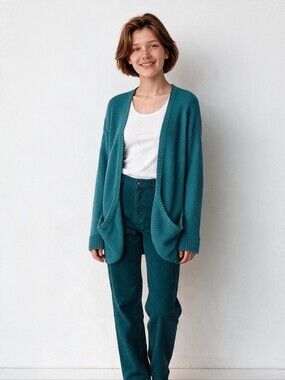 American Eagle Teal Open Knit Front Pocket Cardigan Sweater Cozy Medium M